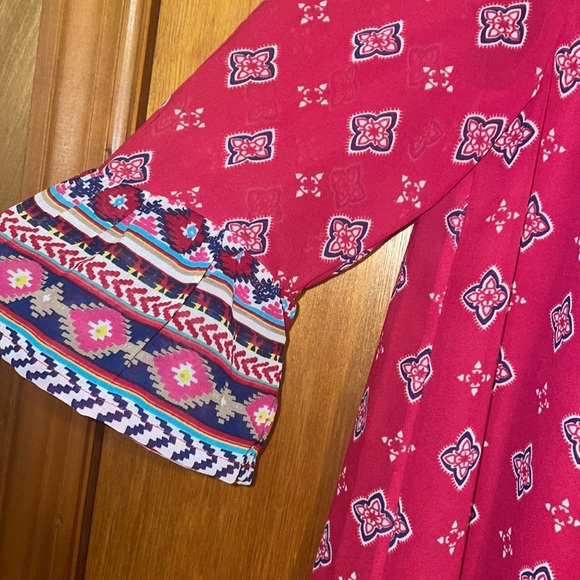 •RED CAMEL•RED LATTICE & KEYHOLE CHEST RIFFLE SLEEVE BOHO DRESS SIZE SMALL - Picture 4 of 10